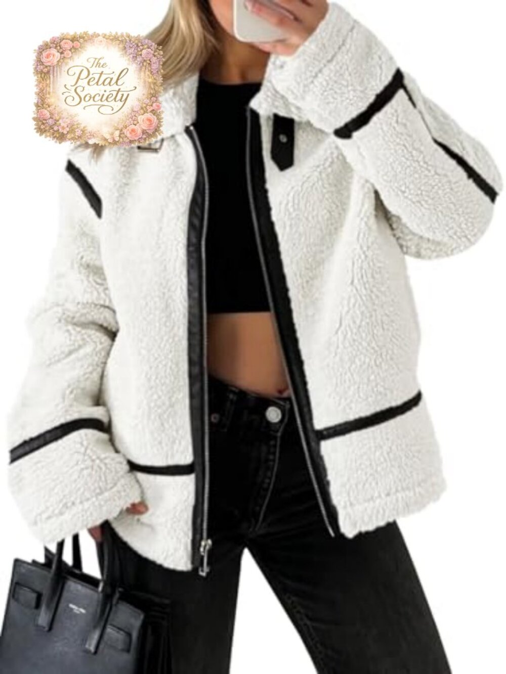 Faux Fur Moto Zip Up Coat Faux Leather Patchwork Sherpa Jacket